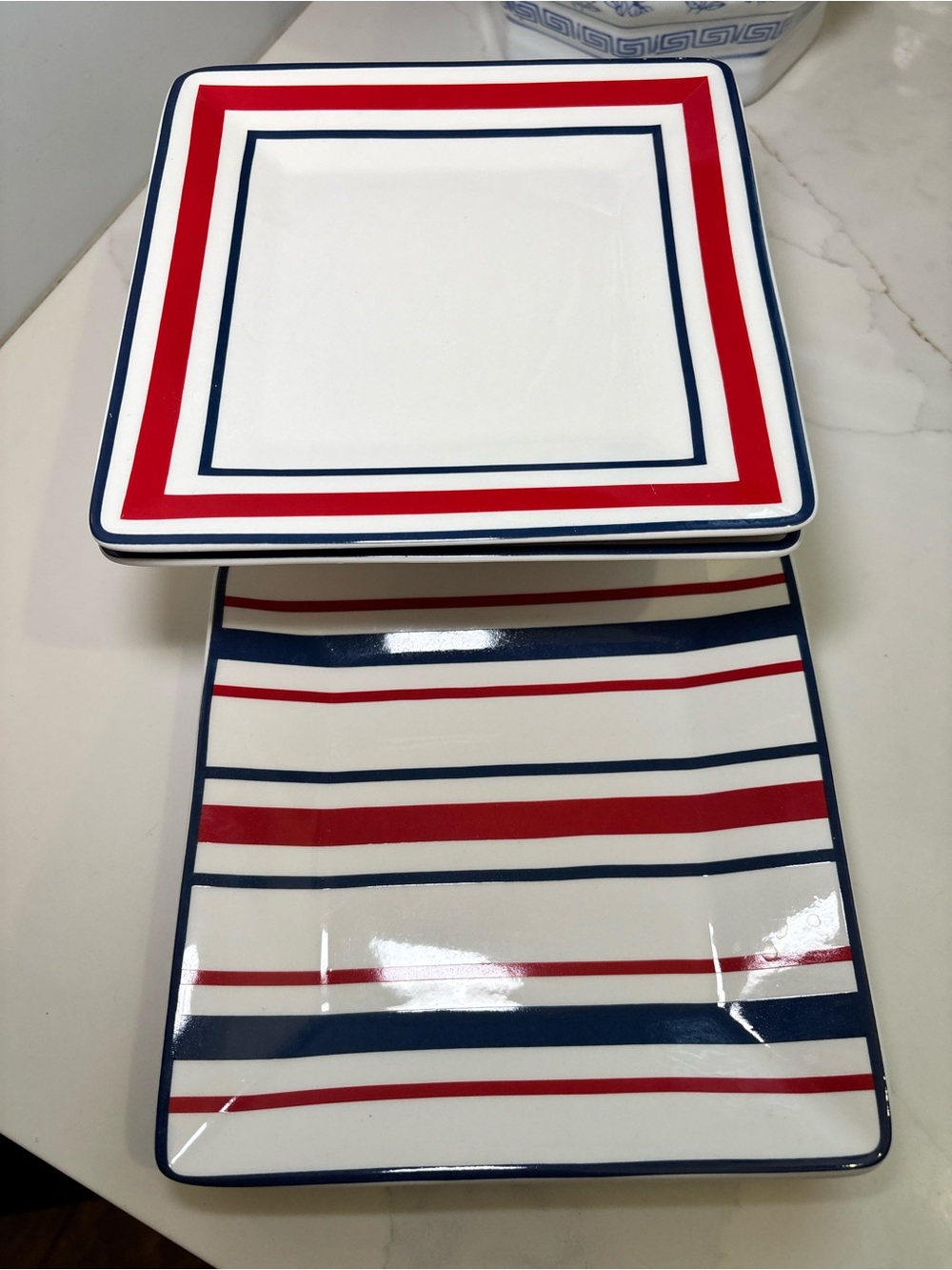 Tommy Hilfiger Square Appetizer 4 Plate Set Red White Blue Striped Ceramic 7”